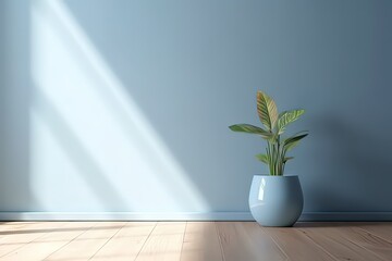 Light blue empty wall vase with plant and wooden floor