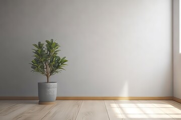 Light blue empty wall vase with plant and wooden floor