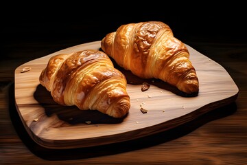 Promotional commercial photo of Two croissants on a dark background created  with Generative AI technology