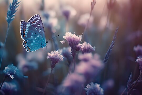 Wild light blue flowers in field and two fluttering butterfly with defocused background