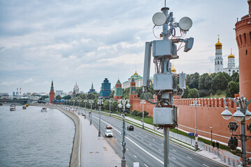 Cell tower near Kremlin in Moscow. Telecommunication tower of 4G cellular. Government communication...