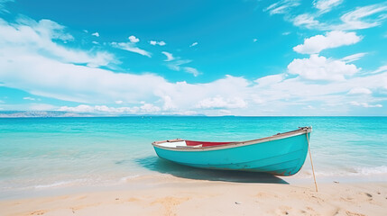 Naklejka premium Blue boat background on white sand against blue sky view. Generative ai
