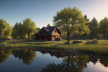 Fototapeta na wymiar old house on the lake Generative AI