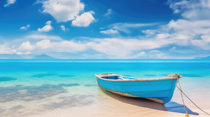Fototapeta na wymiar Blue boat background on white sand against blue sky nature landscape. Generative ai