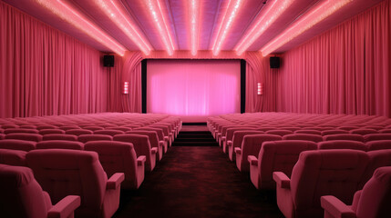 Fototapeta premium Blockbuster barbie movie concept, pink movie theater and pink chairs. Generative ai