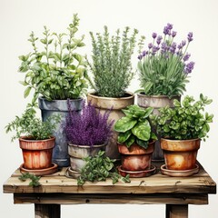Herb Pots with Basil, Rosemary, and Thyme Planted Clipart