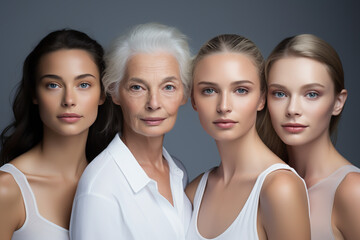 Obraz premium Close-up Group of Models of Various Ages with Beautiful and Well-Nourished Skin Symbolizing the Long-Lasting Effects of Skin Care Products. A Testament to Long Lasting Skincare Results.