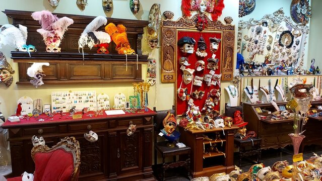 Shkodra, Albania - june 24, 2023: Venice Art Mask Factory.The mask exhibit at the Venice Art Mask Factory contains the most diverse and exquisite collection of Venetian masks. Venice Art Mask Factory 