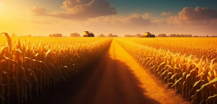 Combine harvester working on a corn field at sunset., ai generated images.
