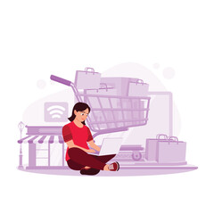 Sitting Asian woman opening a laptop in the background of package boxes in trolleys, shops, and shopping bags. Trend Modern vector flat illustration