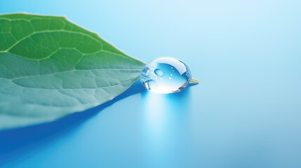 Big water drop tip a green leaf blue background. Generative ai