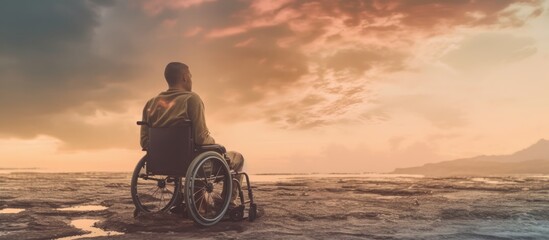 Obraz na płótnie Canvas Diversity and Inclusion: a man in a wheelchair on a rocky beach during golden hour. Relaxing and watching the sunset.