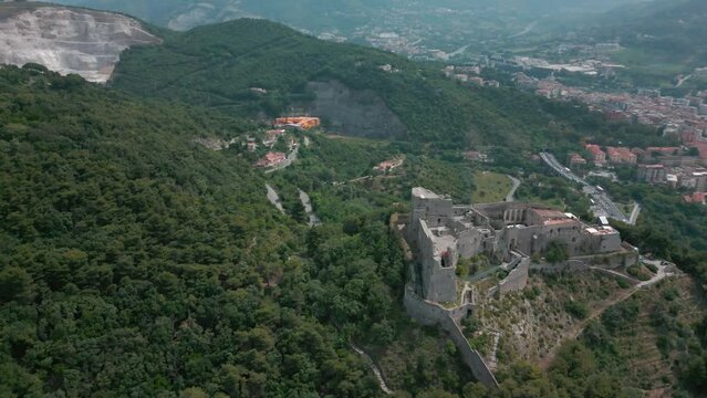 aerial view from the drone of the Gulf of Salerno with its commercial port, the crystal clear sea, the castle of Arechi, Piazza of Libert&agrave;