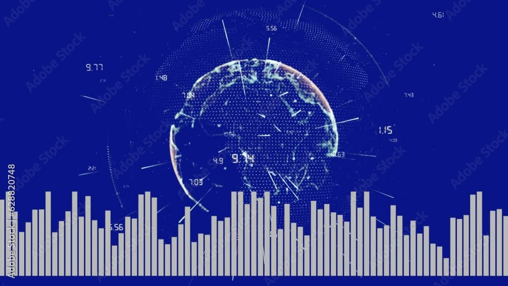Poster animation of data processing and network of connections over globe