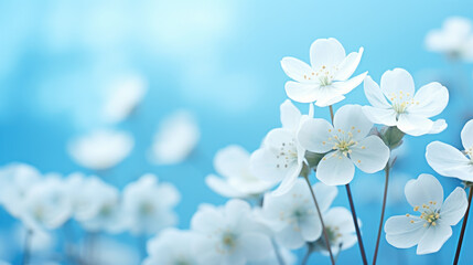 Beautiful white primroses and turquoise background, nature landscape concept. Generative ai