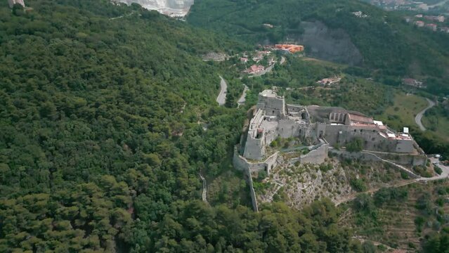 aerial view from the drone of the Gulf of Salerno with its commercial port, the crystal clear sea, the castle of Arechi, Piazza of Libert&agrave;