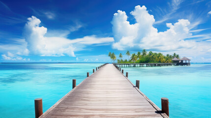 Fototapeta premium Beautiful tropical landscape background concept with wooden walking pier. Generative ai