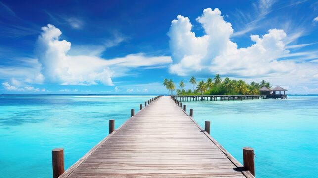 Beautiful tropical landscape background concept with wooden walking pier. Generative ai