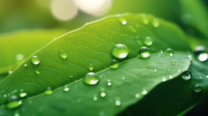 Big rain water drops on green leaf, sun out of focus close-up, nature background. Generative ai
