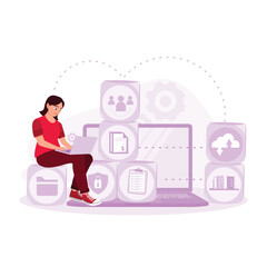Businesswomen are sitting with a laptop accessing online databases, digital file storage systems, and document sharing. Trend Modern vector flat illustration