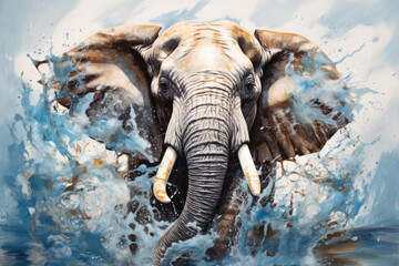 Big gray elephant design created with splash concept in blue and white tones. Generative ai