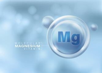 Magnesium vitamin molecule floating in front of isolated blue background.  important vitamins that nourish the body Advertising media for dietary supplements, cosmetics, multivitamins. - obrazy, fototapety, plakaty