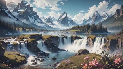 Fototapeta na wymiar Beautiful view presents a breathtaking tableau of a serene lake surrounded by lush forests with cascading waterfalls adding to the enchantment while majestic snow capped mountains in the background.