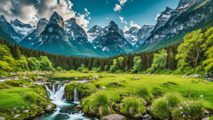 Fototapeta na wymiar Beautiful view captures a picturesque scene of a lush green forest, extending to a serene meadow, with a waterfall and a big mountain.
