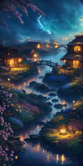 Vertical illustration presents a stunning nocturnal view of the countryside, with a meandering river as its focal point.