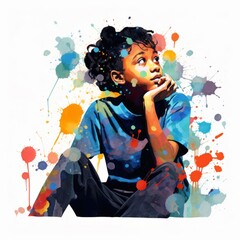 Little black girl in thinking and doubts vintage illustration. Young woman character with dreamy face on abstract background. Ai generated bright retro poster.