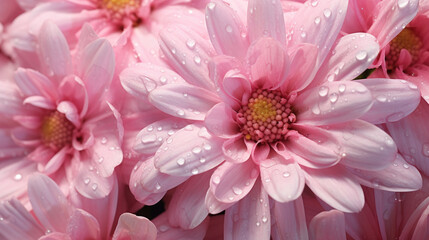 Beautiful transparent water droplets on pink flower petals, plants background. Generative ai