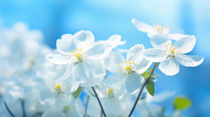 Fototapeta na wymiar Beautiful spring landscape of white primroses on blue background, close-up. Generative ai