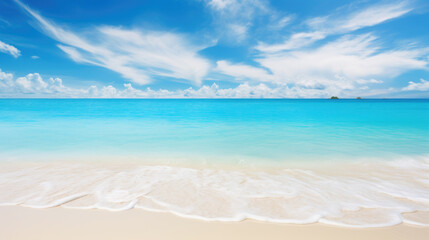 Beautiful sandy beach with white sand and rolling calm sea. Generative ai