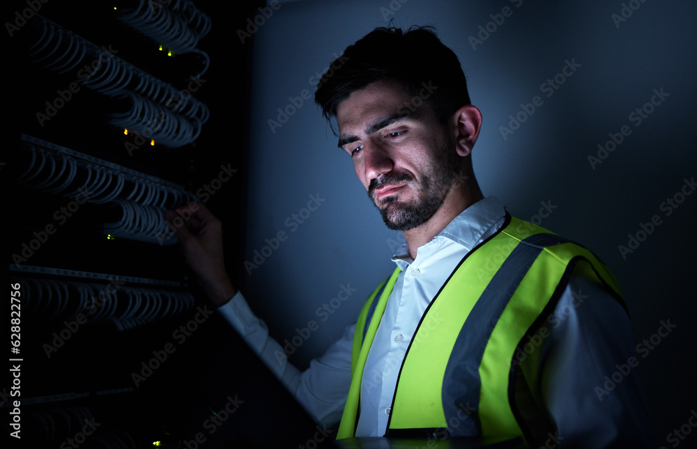 Poster engineer man, thinking and night in server room for information technology, maintenance and check ca