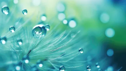 Papier Peint photo Photographie macro Beautiful rain water drops on a dandelion seed macro in nature blue background. Generative ai