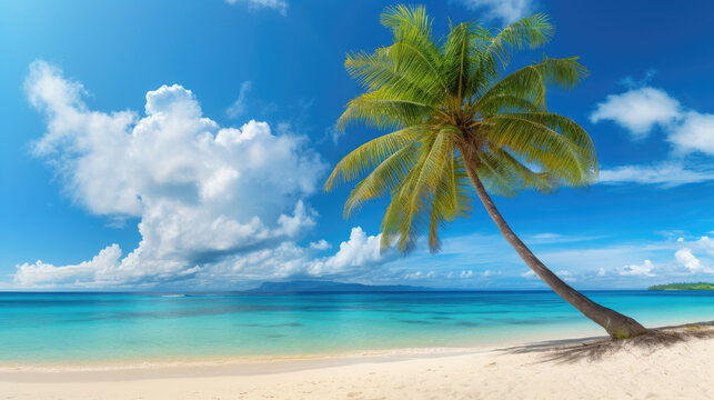 Beautiful palm tree and sky background on tropical island beach. Generative ai