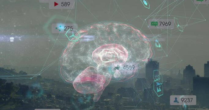 Animation of social media icons over spinning human brain icon against aerial view of cityscape