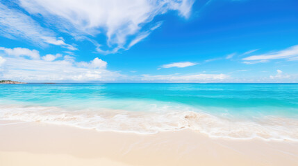 Fototapeta na wymiar Beautiful background beach with white sand turquoise ocean water and cloudy sky. Generative ai