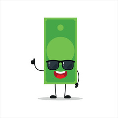 Cute happy paper money character wear sunglasses. Funny money greet friend cartoon emoticon in flat style. financial emoji vector illustration