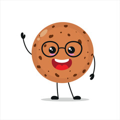 Cute happy cookie character. Smiling and greet biscuit cartoon emoticon in flat style. bakery emoji vector illustration