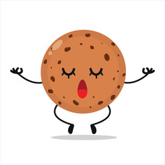 Cute relax cookie character. Funny yoga biscuit cartoon emoticon in flat style. bakery emoji meditation vector illustration