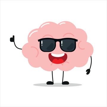 Cute happy brain character wear sunglasses. Funny brain greet friend cartoon emoticon in flat style. encephalon emoji vector illustration