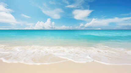 Fototapeta na wymiar Beautiful background image of white cloudy blue sky and clear wavy sea. Generative ai