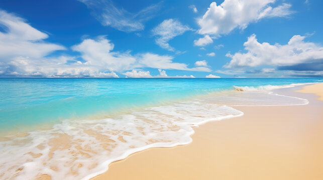 Beautiful background image of golden sand, wavy sea. Generative ai