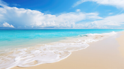 Fototapeta premium Beach background with blue sky and clear wavy sea. Generative ai