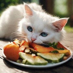 Cat eating a food."Delightfully dainty and undeniably adorable, this fluffy white cat savors its meal with the utmost charm, whiskers twitching in delight as it indulges in its culinary delight.