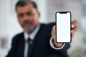 Hands, man and show phone screen in office, mock up space and logo for communication brand. Businessman, blank smartphone and ux design for mobile app, internet or fintech promo at accounting agency