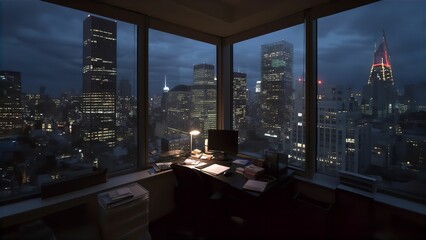 Twilight Work - Office View Over NYC