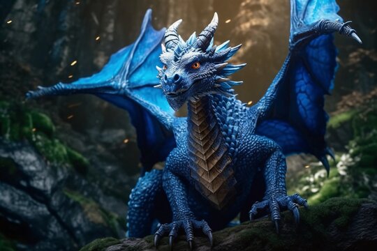 3d rendering of a fantasy blue dragon on dark background.