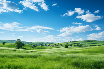 Nature landscape, Perfect field of spring grass meadow in sunlight, countryside springtime landscape fluffy clouds on a bright blue sky